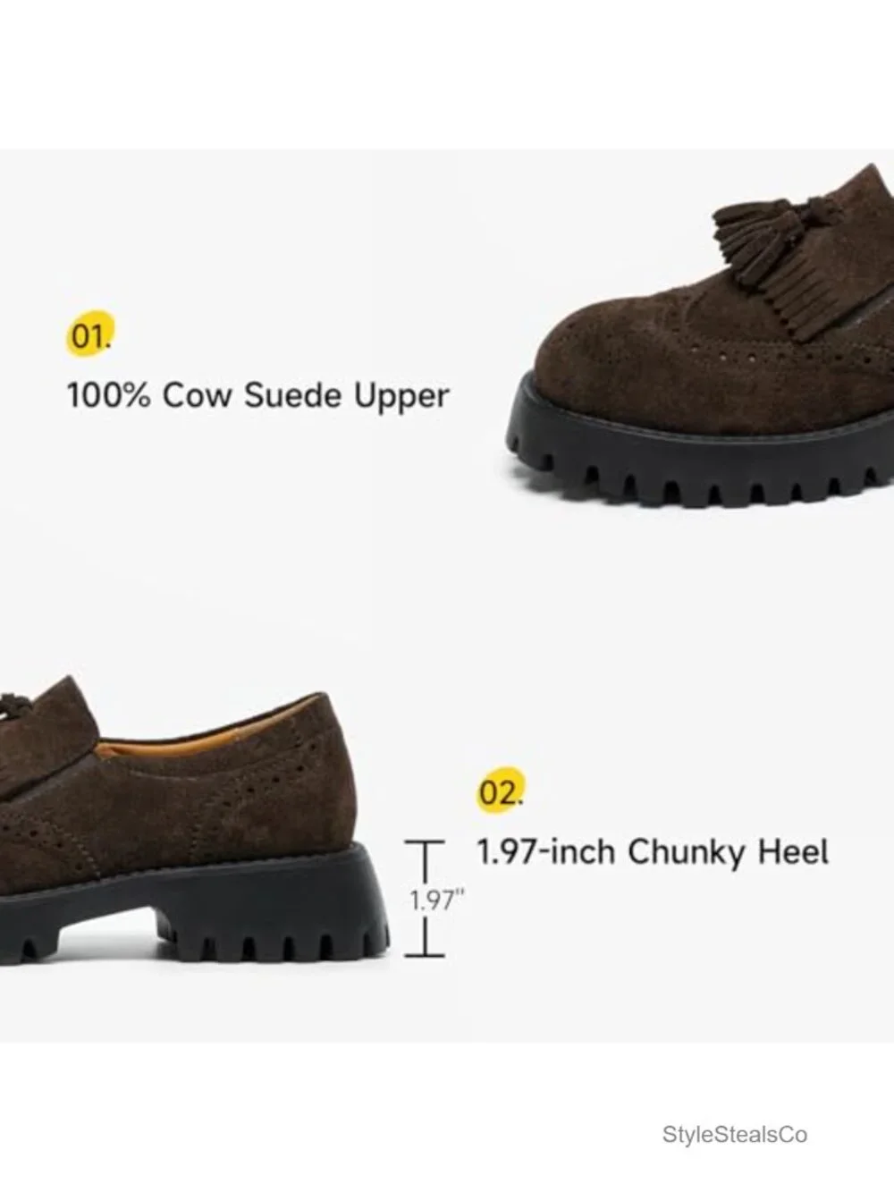 Genuine Cow Suede Chunky Loafers with Tassel Brogue Design - 1.97in Block Heel